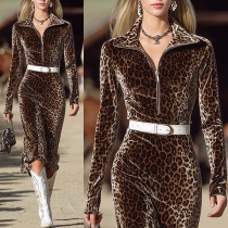 Fashion Leopard Printed Half-zipper Long Sleeve Bodycon Dress with Belt