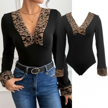 Fashion Leopard Spliced V-neck Long Sleeve Bodysuit