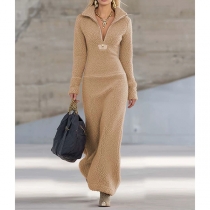Fashion Half-zipper V-neck Long Sleeve Plush Maxi Dress