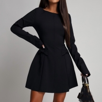 Fashion Crew Neck Long Sleeve Bowknot High-rise Mini Dress