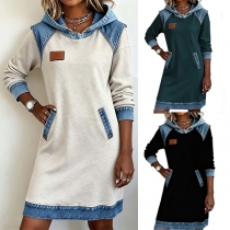 Casual Contrast Color Hooded Long Sleeve Dress
