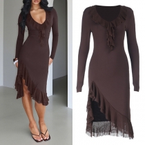 Fashion Ruffle V-neck Long Sleeve Ruffle Irregular Hemline Bodycon Dress
