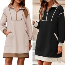 Casual Contrast Color Half-zipper V-neck Long Sleeve Side Pockets Dress