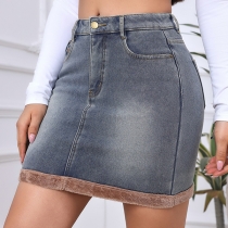 Fashion High-rise Denim Skirt with Warm Plush Lined