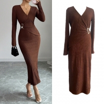 Fashion V-neck Side Buckle Long Sleeve Textured Midi Dress