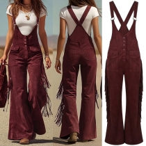 Vintage Front Button Patch Pockets Side Tassel Wide-leg Suspender Jumpsuit