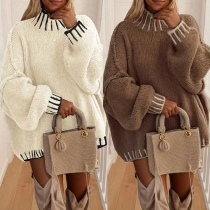Fashion Contrast Color Mock Neck Long Sleeve Loose Knitted Sweater