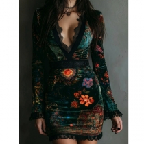 Vintage Lace Spliced V-neck High-rise Floral Printed Bodycon Dress