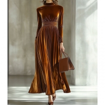 Fashion Mock Neck Long Sleeve Cinch Waist Vevlet Dress