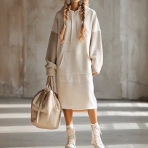 Fashion Drawstring Hooded Plush Spliced Long Sleeve Kangaroo Pockets Dress