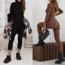 Fashion Solid Color Knitted Two-piece Set Consist of Mock Neck Shirt and Skinny Pants