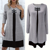 Fashion Crew Neck Long Sleeve Front Buckle Contrast Color Dress