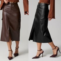 Fashion High-rise Side Patch Pockets Front Slit Artificial Leather PU Pencil Skirt