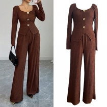 Fashion Texture Two-piece Set Consist of Rose Shape Button Shirt and Straight-cut Pants