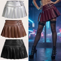 Fashion Side Buckle Pleated Side Slit Mini Skirt