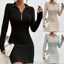 Fashion Half-zipper Stand Collar Long Sleeve Ribbed Bodycon Dress