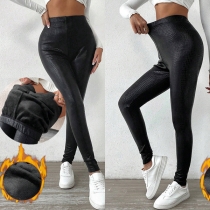 Fashion High-rise Warm Plush Lined Snake Pattern Artificial Leather PU Skinny Pants