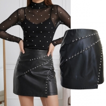 Fashion Rivet High-rise Side Slit Artificial Leather PU Skirt