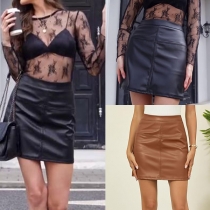 Fashion Solid Color High-rise Artificial Leather PU Skirt