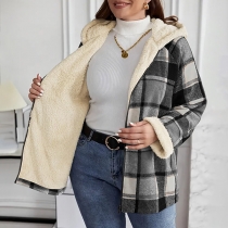 Fashion Plaid Plush Lined Long Sleeve Hooded Sweat Jacket