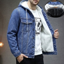 Fashion Plush Lined Drawstring Hooded Long Sleeve Old-washed Denim Jacket for Men