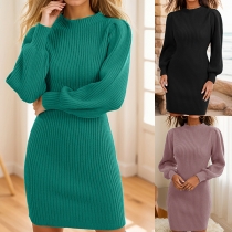 Fashion Crew Neck Puff Long Sleeve Ribbed Dress
