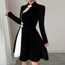 Fashion Contrast Color Button Knot Front Cutout Long Sleeve A-line Dress