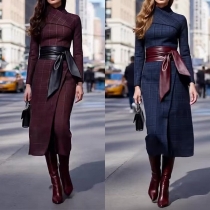 Fashion Plaid Mock Neck Long Sleeve Side Slit Self-tie Dress
