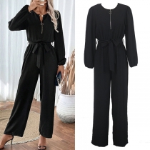 Fashion Half-zipper Long Sleeve Self-tie Straight-cut Jumpsuit