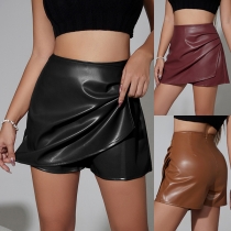 Fashion High-rise Ruched Side Slit Artificial Leather PU Skorts