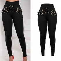 Fashion High-rise Criss-cross Buckle Skinny Pants