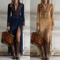 Vintage Floral Embroidery Half-zipper V-neck Long Sleeve Tassel Hemline Dress