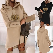 Casual Pom-pom Chain Hooded Long Sleeve Zipper Dress