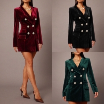 Elegant Lapel V-neck Long Sleeve Double-breasted Velvet Suit Dress
