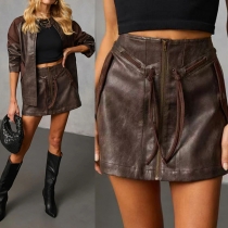 Vintage Artificial Leather PU Two-piece Set Consist of Jacket and Mini Skirt