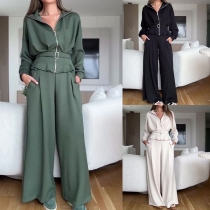 Fashion Two-piece Set Consist of Stand Collar Jacket with Belt and Wide-leg Pants