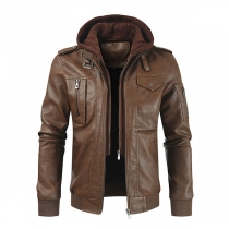Motor Style Detachable Hooded Long Sleeve Artificial Leather PU Jacket for Men