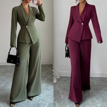 Elegant Two-piece Suit Set Consist of Lapel One-button Blazer and Straight-cut Pants