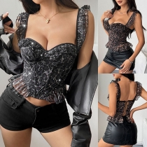 Fashion Sweetheart Neckline Rhinestone Leopard Printed Ruffle Crop Top