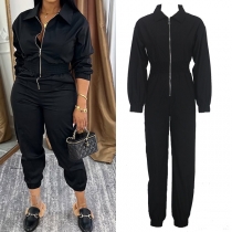 Fashion Stand Collar Half-zipper V-neck Long Sleeve Elastic Waist Jumpsuit