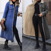 Fashion Stand Collar Long Sleeve Warm Plush Lined Longline Old-washed Denim Jacket