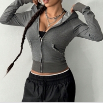 Fashion Rivet Hooded Long Sleeve Side Pockets Sweatshirt Jacket