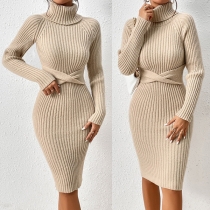 Fashion Turtleneck Long Sleeve Cross Ribbed Sweater Dress