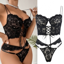 Fashion 3D Floral Lace-up Hollowout Lace Two-piece Lingerie Set