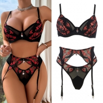 Fashion Floral Printed Rhinestone Lace Three-piece Lingerie Set