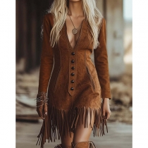 Vintage V-neck Long Sleeve Front Button Side Pockets Tassel Hemline Dress