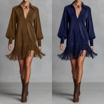 Fashion Stand Collar V-neck Long Sleeve Tassel Hemline Mini Dress