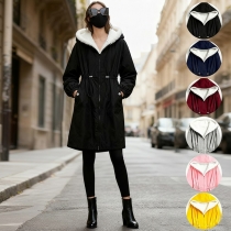 Fashion Hooded Long Sleeve Drawstring Waist Side Pockets Warm Plush Lined Jacket