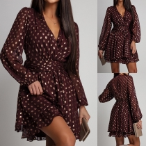 Fashion Gold Polka-dot Printed V-neck High-rise Long Sleeve Mini Dress