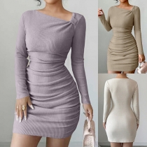 Sexy Slanted Neckline Long Sleeve Ruched Bodycon Dress